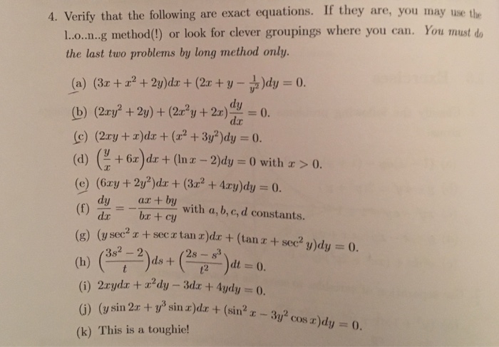 Solved 4 Verify That The Following Are Exact Equations If Chegg Com