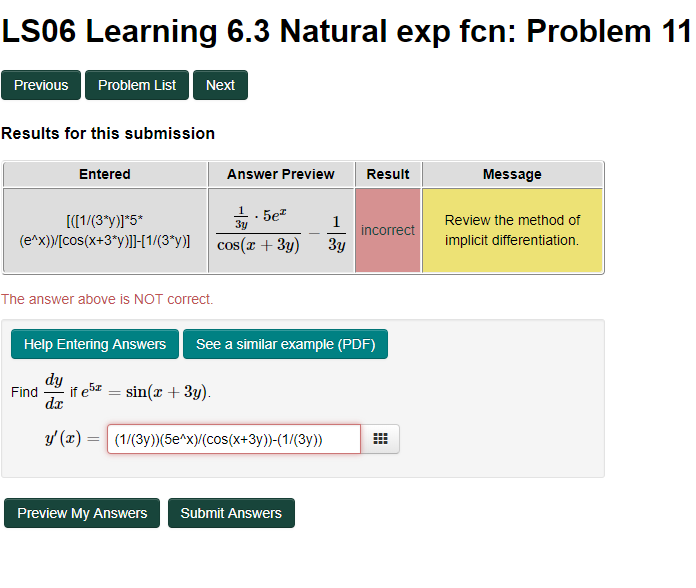 Solved Ls06 Learning 6 3 Natural Exp Fcn Problem 11 Prev Chegg Com