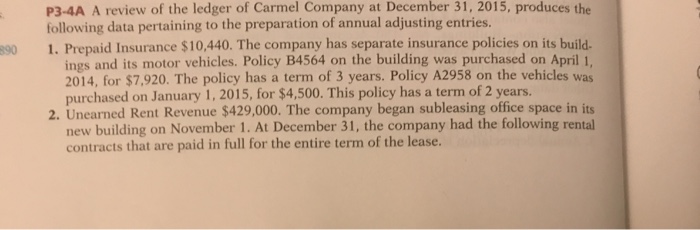 P3-4A A review of the ledger of Carmel Company at December following data pertaining to the preparation of annual adjusting entries. 31, 2015, produces the 890 1. Prepaid Insurance $10,440. The company has separate insurance policies on its build. ings and its motor vehicles. Policy B4564 on the building was purchased on April 1, 2014, for $7,920. The policy has a term of 3 years. Policy A2958 on the vehicles was purchased on January 1, 2015, for $4,500. This policy has a term of 2 years. 2. Unearned Rent Revenue $429,000. The company began subleasing office space in its new building on November 1. At December 31, the company had the following rental contracts that are paid in full for the entire term of the lease.