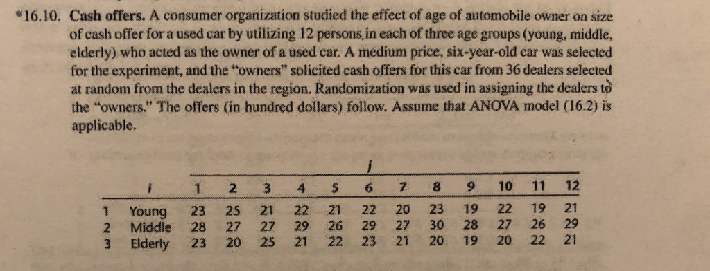 16.10. cash offers. a consumer organization studied the effect of age of automobile owner on size of cash offer for a used ca