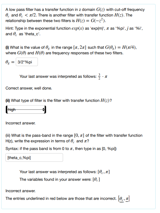 A Low Pass Filter Has A Transfer Function In Z Dom Chegg Com