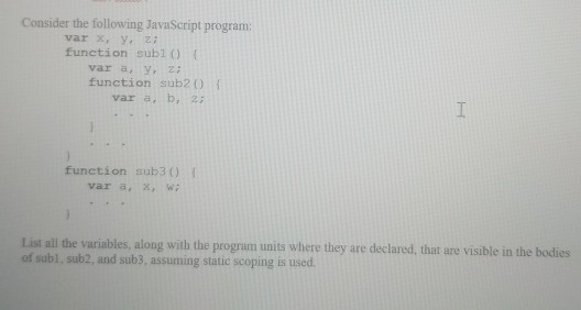 Consider the following JavaScript program: var x, y zi function sub1 ) var a,Y2 function sub2 0 var a, b, 2: function sub3 0