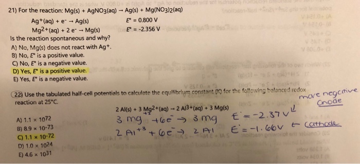 Solved 21 For The Reaction Mg S Agno3 Aq Ag S Mg Chegg Com