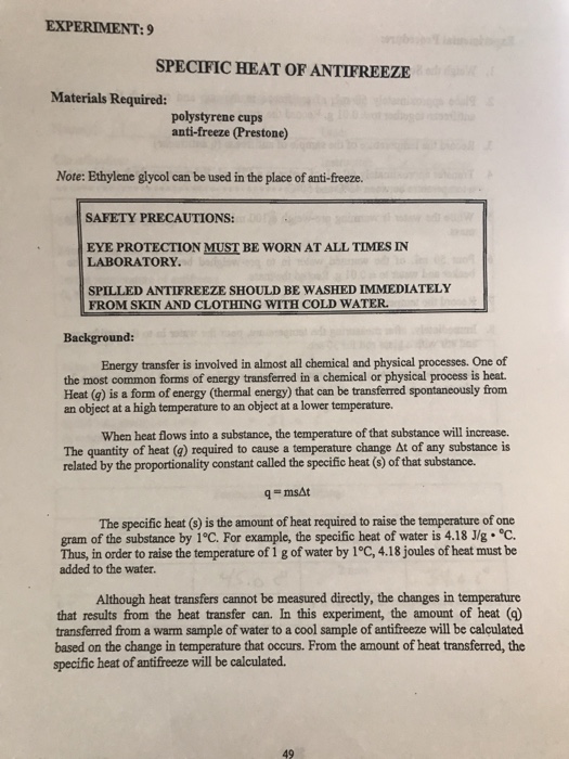 Solved EXPERIMENT 9 SPECIFIC HEAT OF ANTIFREEZE Material...