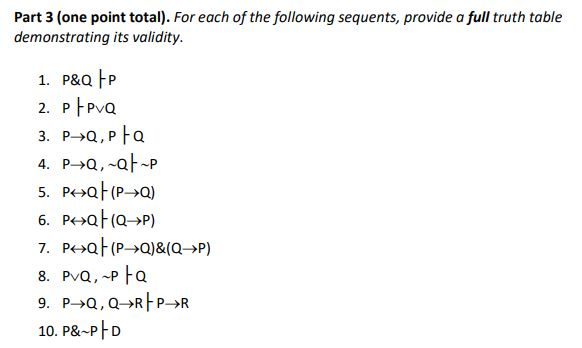 Part 3 (one point total). For each of the following sequents, provide a full truth table demonstrating its validity. 10. P8-P-D