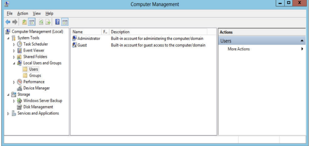 Computer Management File Action View Help Computer Management (Local) Name Actions System Tools Administrator Guest Built-in