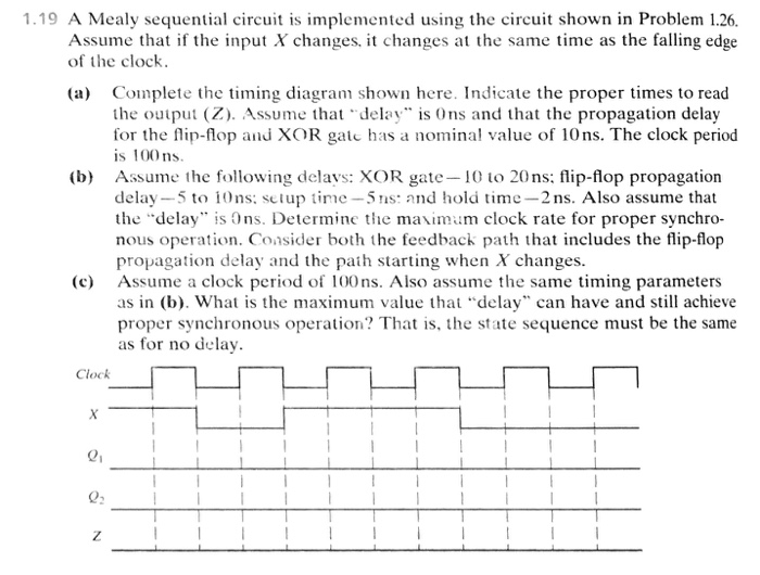 1.19 A Mealy sequential circuit is implemented using the circuit shown in Problem 1.26. of the clock. (a) Complete the tming