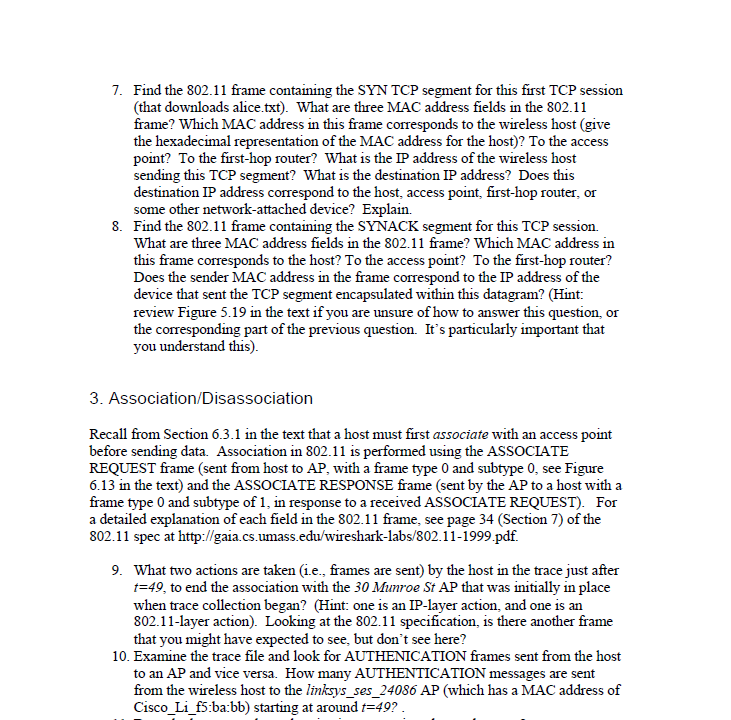 Find the 802.11 frame containing the SYN TCP segment for this first TCP session (that downloads alice.txt). What are three MA