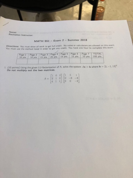 Solved Name Math 551 Exam 2 Summer 2018 Directions You