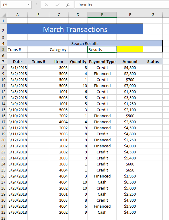 XVfcResults E5 March Transactions Search Results 4 Results 5 Trans # Categor Date Trans # Item Quantity Payment Type Amount s