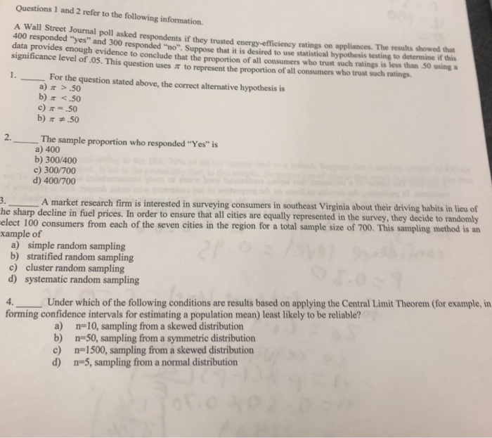 Solved Questions 1 And 2 Refer To The Following Informati Question Questions 1 And 2 Refer To The Following Information Treet Journal Poll Asked Respondents If