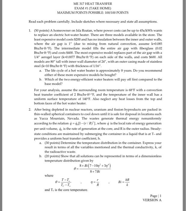 Solved Me 317 Heat Transfer Exam 1 Take Home Maximum P Chegg Com