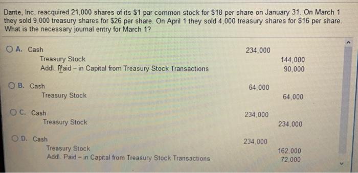Solved Dante, Inc. reacquired 21,000 shares of its $1 par | Chegg.com