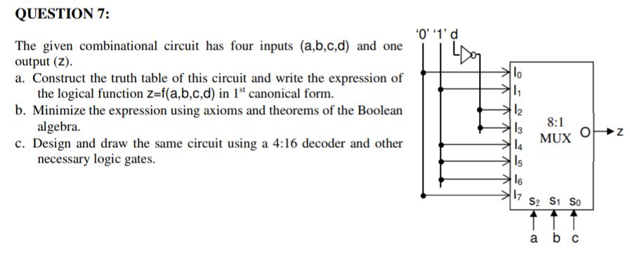 QUESTION 7: The given combinational crcuit has four inputs (a,b,c,d) and one output (Z). a. Construct the truth table of this circuit and write the expression of the logical function z-f(a,b,c,d) in 1st canonical form algebra. necessary logic gates 12 13 8:1 b. Minimize the expression using axioms and theorems of the Boolean c. Design and draw the same circuit using a 4:16 decoder and other 5 6 a b c
