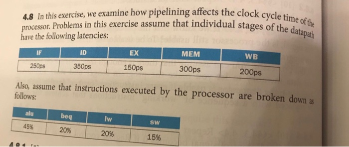 4.8 In this exercise, we examine how pipelining affects the clock cvdle t processor. Problems in this exercise assume that in