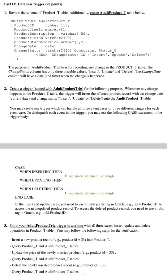 Part Iv Database Trigger 20 Points 1 Review Th Chegg Com