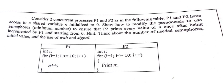 Consider 2 concurrent processes P1 and P2 as in the following table. P1 and P2 have access to a shared variable n initialized to 0. Show howt semaphores (minimum number) o modify the pseudocode to use 2 prints every value of n once after being slag trom 0. Hint: Think about the number of needed semaphores, initial value, and the use of wait and signal. P1 P2 int i I for (il ; i<= 10; i++) int i for (i=i; i <-10; i++) Print n