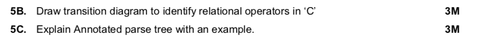 3M 5B. Draw transition diagram to identify relational operators in C 5C. Explain Annotated parse tree with an example. 3M