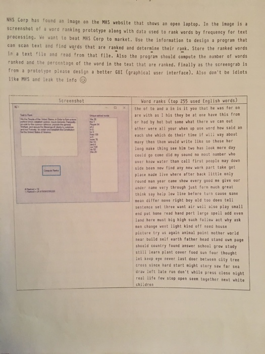 NHS Corp has found an inage on the MHS vebsite that shovs an open laptop. In the inage isa screenshot of a wora ranking prototype along vith data used to rank vords by frequency for text processing. ve want to beat MHS Corp to market. Use the information to design a progran that can scan text and find words that are ranked and determine their rank. Store the ranked vords in a text ile and read from that file. Also the progran showld conpute the nunber of vords ranked and the percentage of the vord in the text 

<div class=