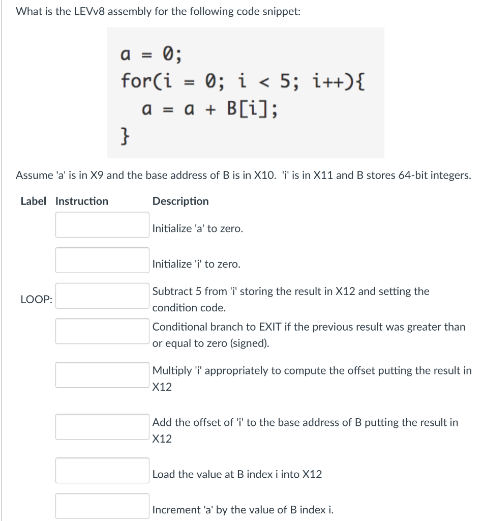 What is the LEVv8 assembly for the following code snippet: Assume a is in X9 and the base address of B is in X10. i is in X