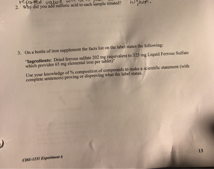 Solved 2 Why Did You Add Sulfuric Acid To Each Sample Chegg Com