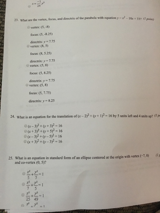 Solved What Are The Vertex Focus And Directrix Of The P Chegg Com