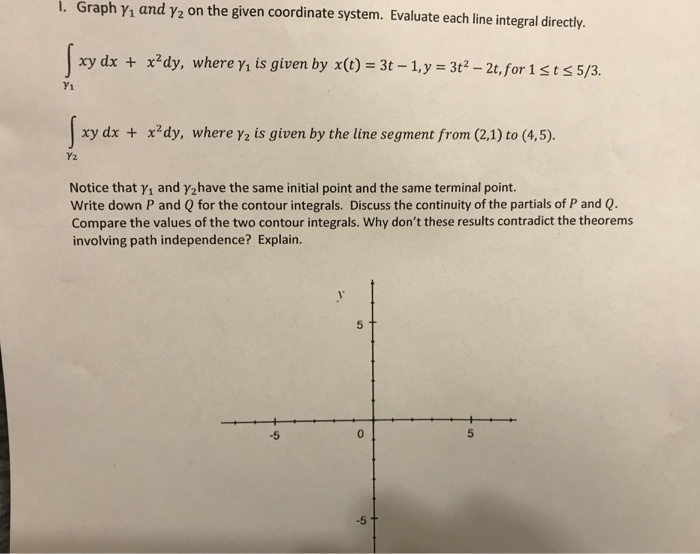 l. Graph γ1 and γ2 on the given coordinate system. Evaluate each line integral directly. xy dx t xdy, where y is given by x(t) 3t-1,y 3t2-2t,for1sts 5/3. [ xy dx + xdy, where y is given by the line segment from (2.1) to (4,.5). Y2 Notice that y1 and y2have the same initial point and the same terminal point. Write down P and Q for the contour integrals. Discuss the continuity of the partials of P and Q. Compare the values of the two contour integrals. Why dont these results contradict the theorems involving path independence? Explain. -5 0 5 -5