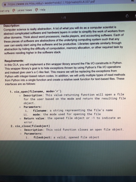 i https://www.cs.mtsu.edu/-waderholdt/1170/private/OLA107 pdf Latest News O Help pian.org Ca 1/5 Description: Computer scienc