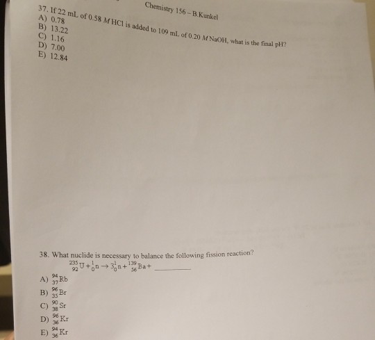 Solved Chemistry 156 B Kunkel 37 If 22 Ml Of 0 58 Mhcl I Chegg Com