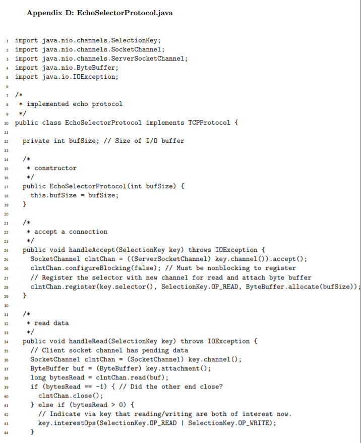 Appendix D: EchoSelectorProtocol.java 1 import java.nio.channels.SelectionKey 2 import java . n10 . channels . SocketChannel;