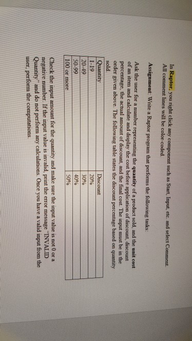 ia Raptor you righ dick any componest ec Assignment Wnite a Raptor program that performs the following tasks All comment lines will be color-coded Ask the user for a number repr of an item and calculate and display the cost before application of discount, discount percentage, the actual amount of discount, and the final cost. The input must be in the order given above. The following table states the discount percentage based on quantity the quantity of a product sold, and the unit cost Quantity 1-19 50-99 100 or more 40% Check the input amount for the quantity and make sure the input value is not 0 or a negative number. If the input value is invalid, print the error message TNVALID Quantity and do not perform any calculations. Once you have a valıd input from the user, perform the computations.