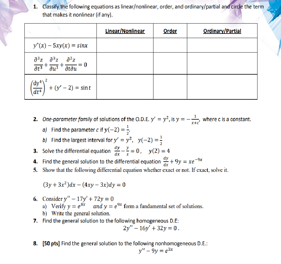 Classify The Following Equations As Linear Nonlinear Chegg Com