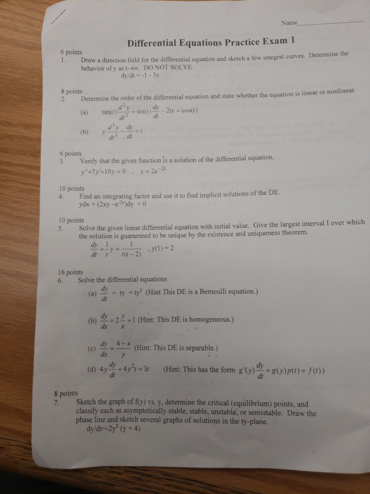 1 Equations Name Exam Solved: Poin 6 ... Practice Differential