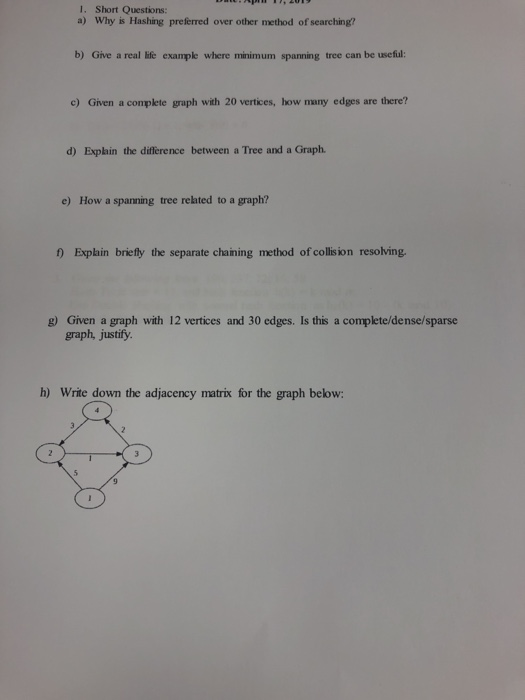 1. Short Questions: a) Why is Hashing prefèrred over other method of searching? b) Give a real life example where minimum spa