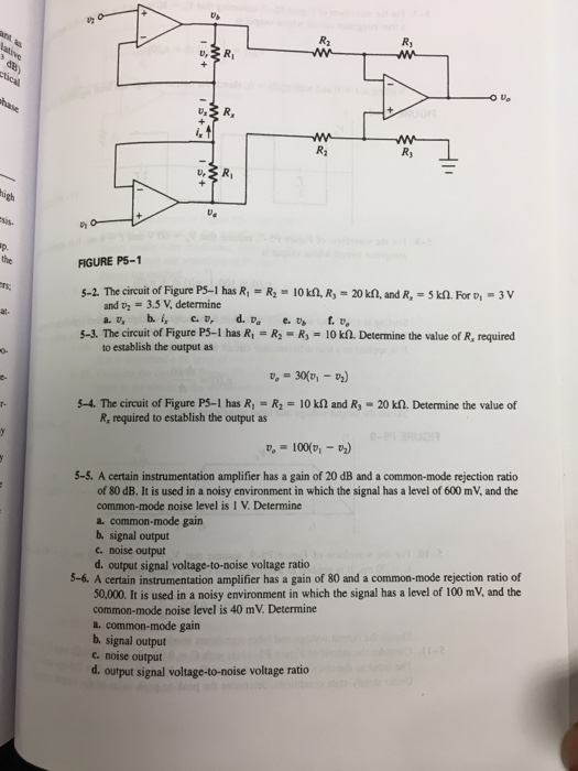 R3 Rs R2 FIGURE P5-1 5-2. The circuit of Figure PS-l has R, R 10kR,-20 kn, and R, -5 k0.For 3V and t2 - 3.5 V, determine 5-3. The circuit of Figure P5-1 has R, -R -R-10 k2. Determine the value of R, required to establish the output as 5-4. The circuit of Figure P5-1 has R R2 10 k2 and Ry - 20 kfl. Determine the value of R, required to establish the output as 5-5. A certain instrumentation amplifier has a gain of 20 dB and a common-mode rejection ratio of 80 dB. It is used 

<div class=