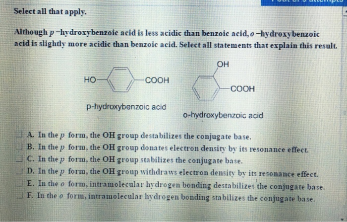 Solved Select All That Apply Although P Hydroxybenzoic Chegg Com