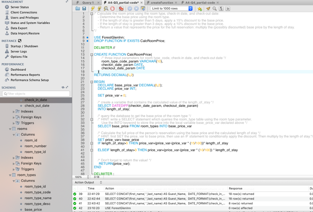 MANAGEMENT 1A4-Q3 partial-code* x createFunction A4-Q4 partial-code x Server Status Client Connections Users and Privileges S