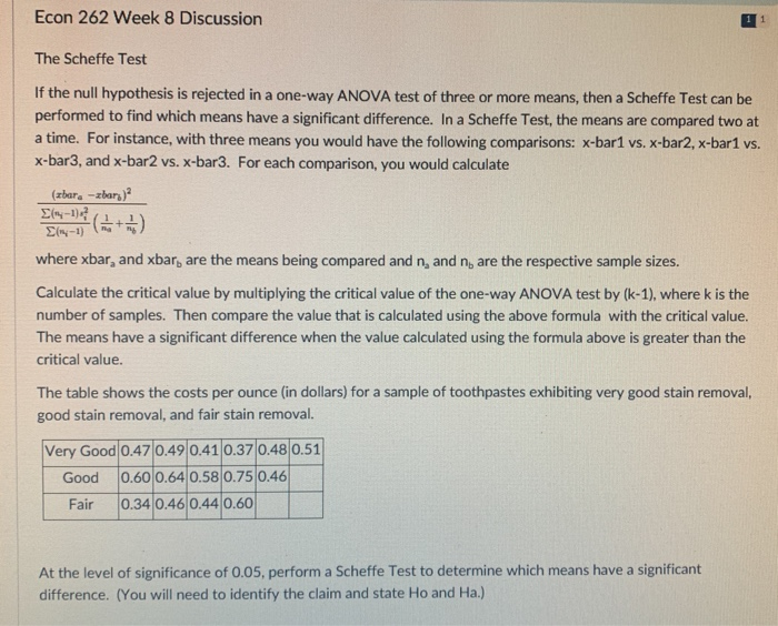 Econ 262 Week 8 Discussion The Scheffe Test If The Chegg Com