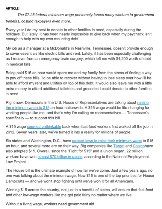 Solved Article The 7 25 Federal Minimum Wage Perversely