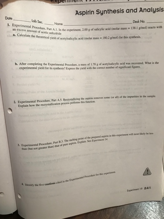 Datelab Sec Name Aspirin Synthesis And Analysis An Chegg 