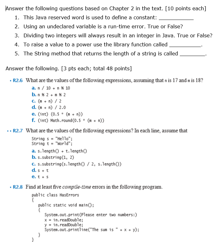 Solved Answer The Following Questions Based On Chapter 2 Chegg Com