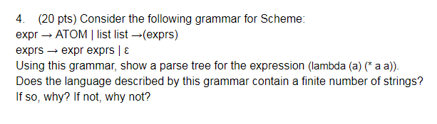 4. (20 pts) Consider the following grammar for Scheme expr ATOM | list list (exprs) exprs expr exprs |E Using this grammar, show a parse tree for the expression (lambda (a) (* a a)). Does the language described by this grammar contain a finite number of strings? If so, why? If not, why not?