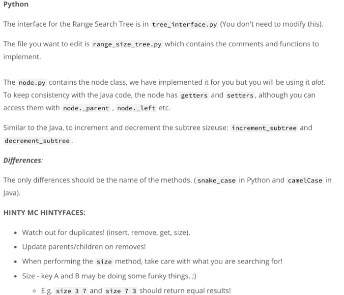 Python The interface for the Range Search Tree is in tree_interface.py (You dont need to modify this). The file you want to