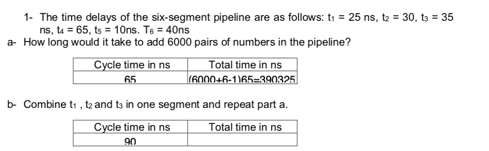 1- The time delays of the six-segment pipeline are as follows: t 25 ns, t2 - 30, t3 -35 a- How long would it take to add 6000