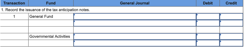 Transaction fund general journal debit credit 1. record the issuance of the tax anticipation notes general fund governmental