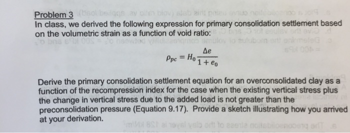 Problem3 In class, we derived the following expression for primary consolidation settlement based on the volumetric strain as a function of void ratio: Derive the primary consolidation settlement equation for an overconsolidated clay as a function of the recompression index for the case when the existing vertical stress plus the change in vertical stress due to the added load is not greater than the preconsolidation pressure (Equation 9.17). Provide a sketch illustrating how you arrived at your derivation.