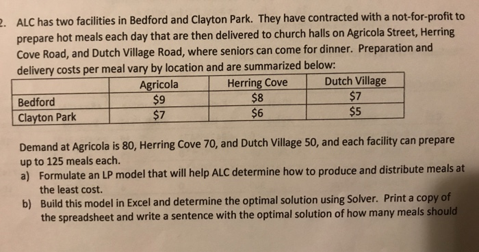 Solved Alc Has Two Facilities In Bedford And Clayton Park Chegg Com