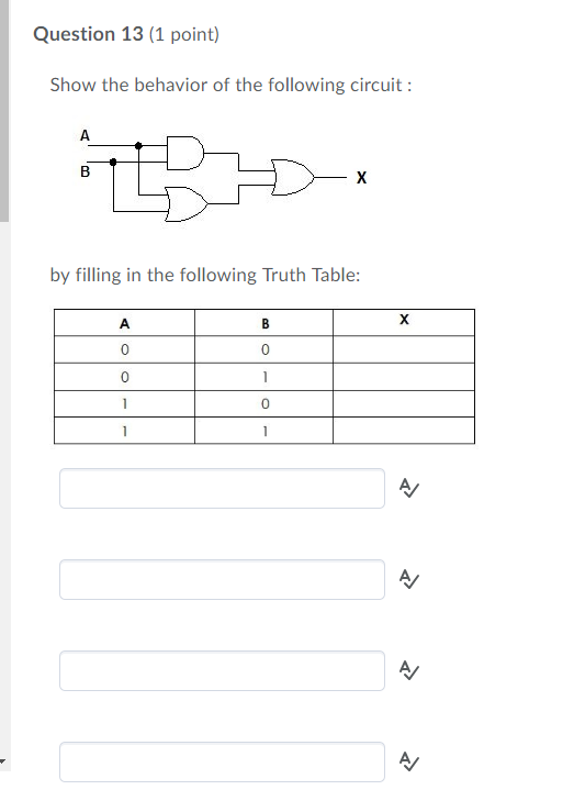 Question 13 (1 point) Show the behavior of the following circuit by filling in the following Truth Table: 0 0 0