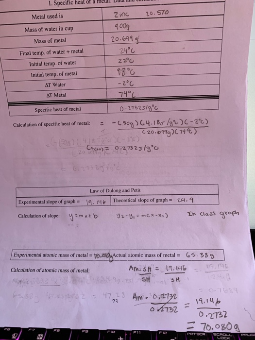 1 Specific Heat Of A Metal Daa Au Sto Metal U Chegg Com