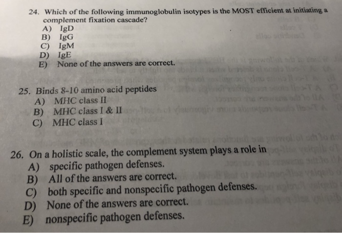 24. Which of the following immunoglobulin isotypes is the MOST efficient at initiating a complement fixation cascade? A) IgD B) IgG C) IgM D) IgE E) None of the answers are correct. 25. Binds 8-10 amino acid peptides A) MHC class II B) MHC class I & I C) MHC class I On a holistic scale, the complement system plays a role in A) specific pathogen defenses. B) All of the answers are correct. C) both specific and nonspecific pathogen defenses. D) None of the answers are correct. 26. E) nonspecific pathogen defenses.